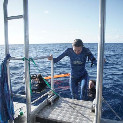 Kinga Phillips on the boat, after dive.